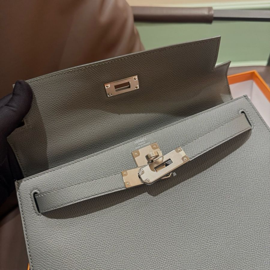 ✨98新愛馬仕Hermes kelly28 手提包斜背包 杏仁綠 銀扣 ep皮 Z刻-6