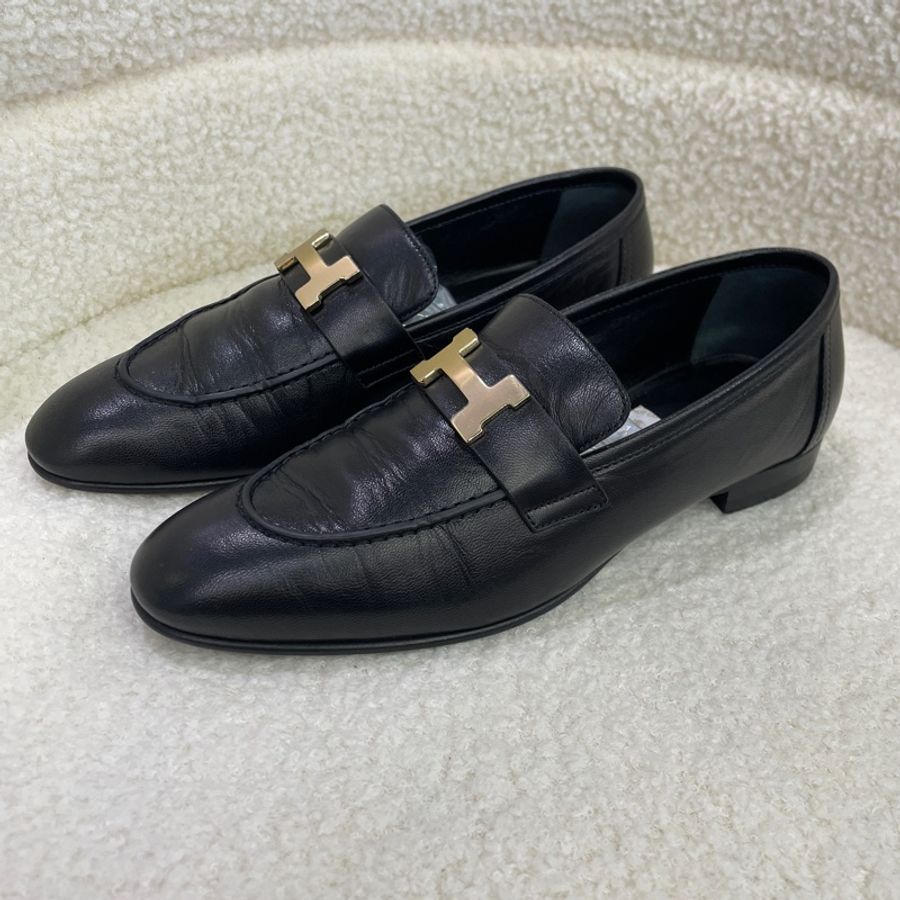 Hermes 愛馬仕樂福鞋 黑色金扣38碼-0