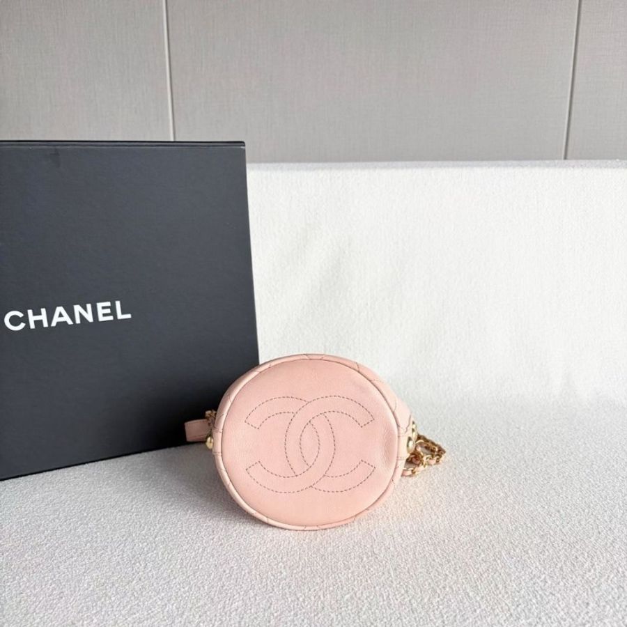 Chanel 毛呢抽繩水桶包 櫻花粉 金扣 牛皮12*12*12 9新 配件塵袋-6