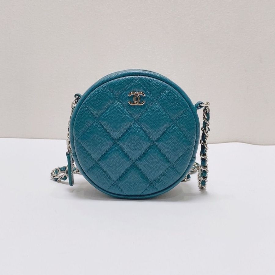 Chanel 深綠松石色小圓餅牛皮斜背包 12x12x4.5cm 95新 配件盒子 塵袋 保卡-7
