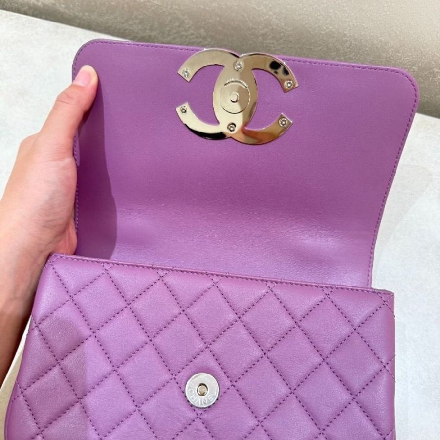 Chanel 紫色牛皮口蓋包 大雙C扣,編織肩帶,鏈條細節13*22*6.5 95新 配件塵袋-3