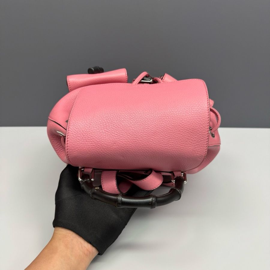 Gucci古馳 粉色全皮竹節手柄流蘇雙肩包-5