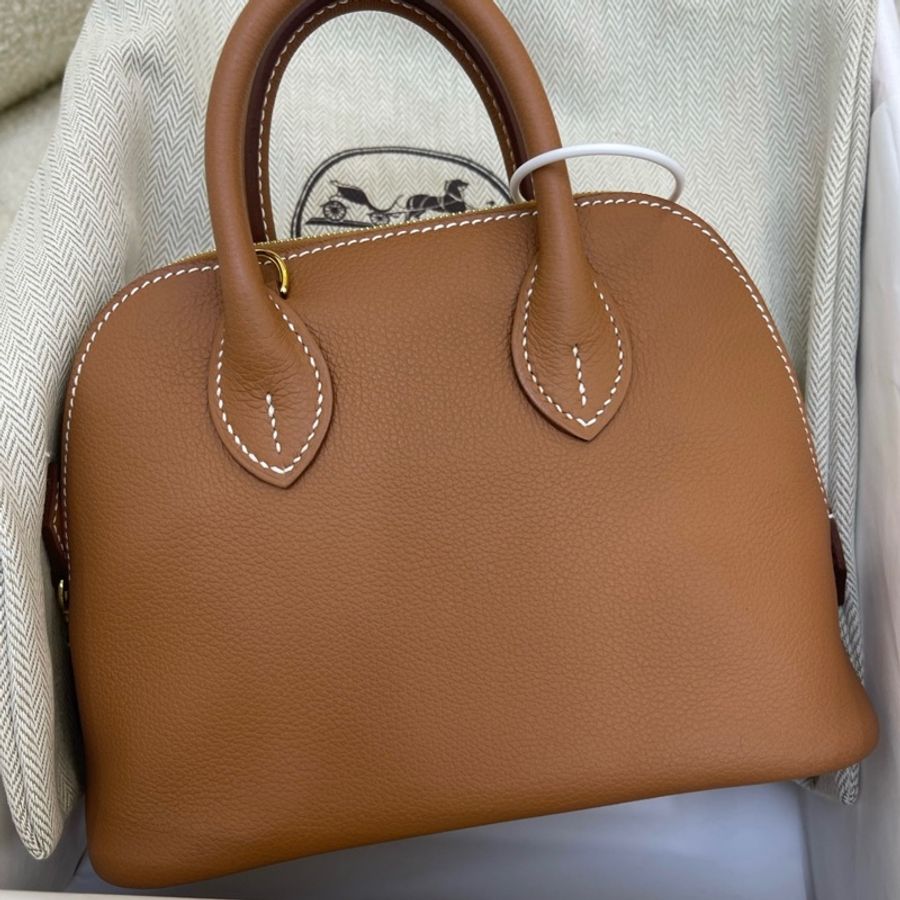 閒置新 愛馬仕Hermes minibolide 手提包 金棕拼藍 k刻 配件:塵袋/肩帶/說明書。-8