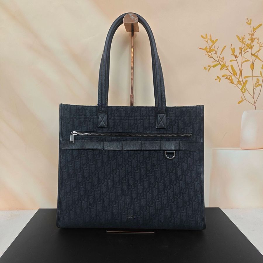 迪奧/Dior tote 男包 老花滿印黑色托特手提單肩包-5