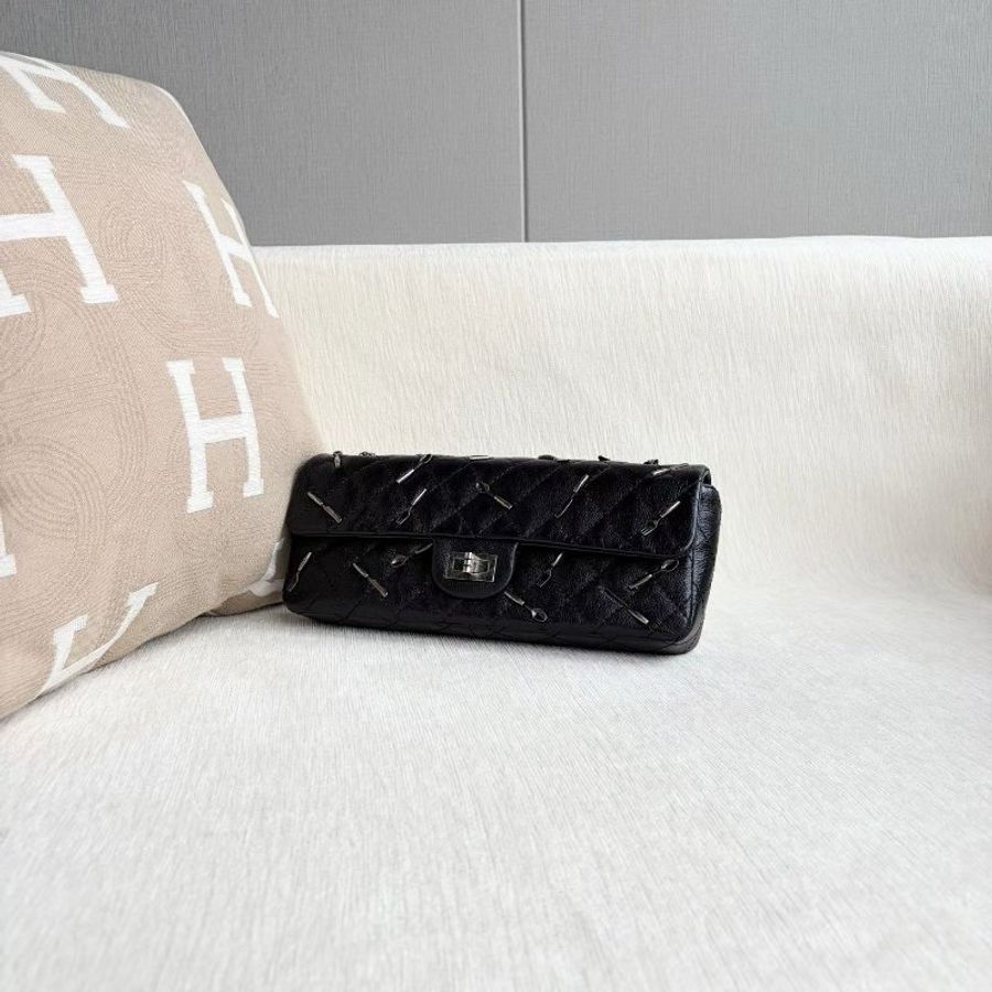 Chanel 黑銀2.55刀叉法棍腋下包 牛皮 27*12*5 99新配件塵袋-5