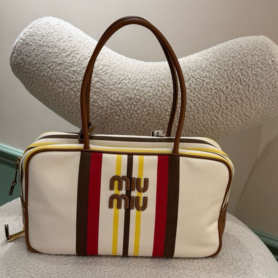 99新 miumiu繆繆 Beau條紋圖案手提包 米/棕 底長34cm-0