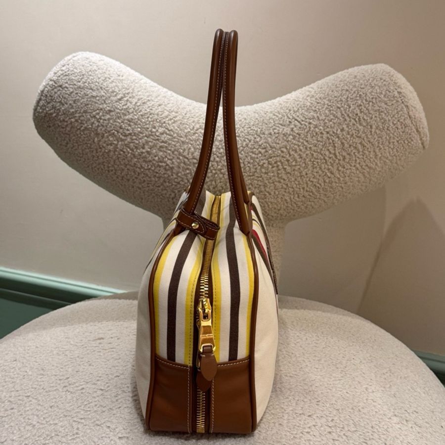 99新 miumiu繆繆 Beau條紋圖案手提包 米/棕 底長34cm-2
