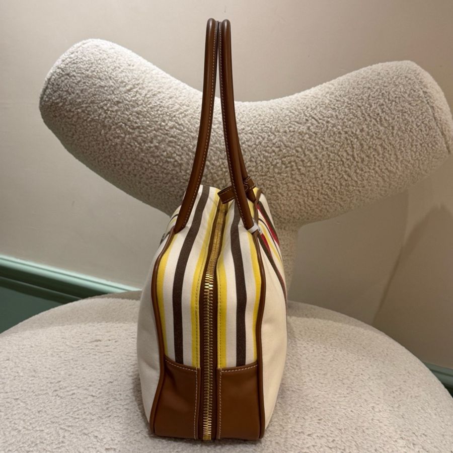 99新 miumiu繆繆 Beau條紋圖案手提包 米/棕 底長34cm-3