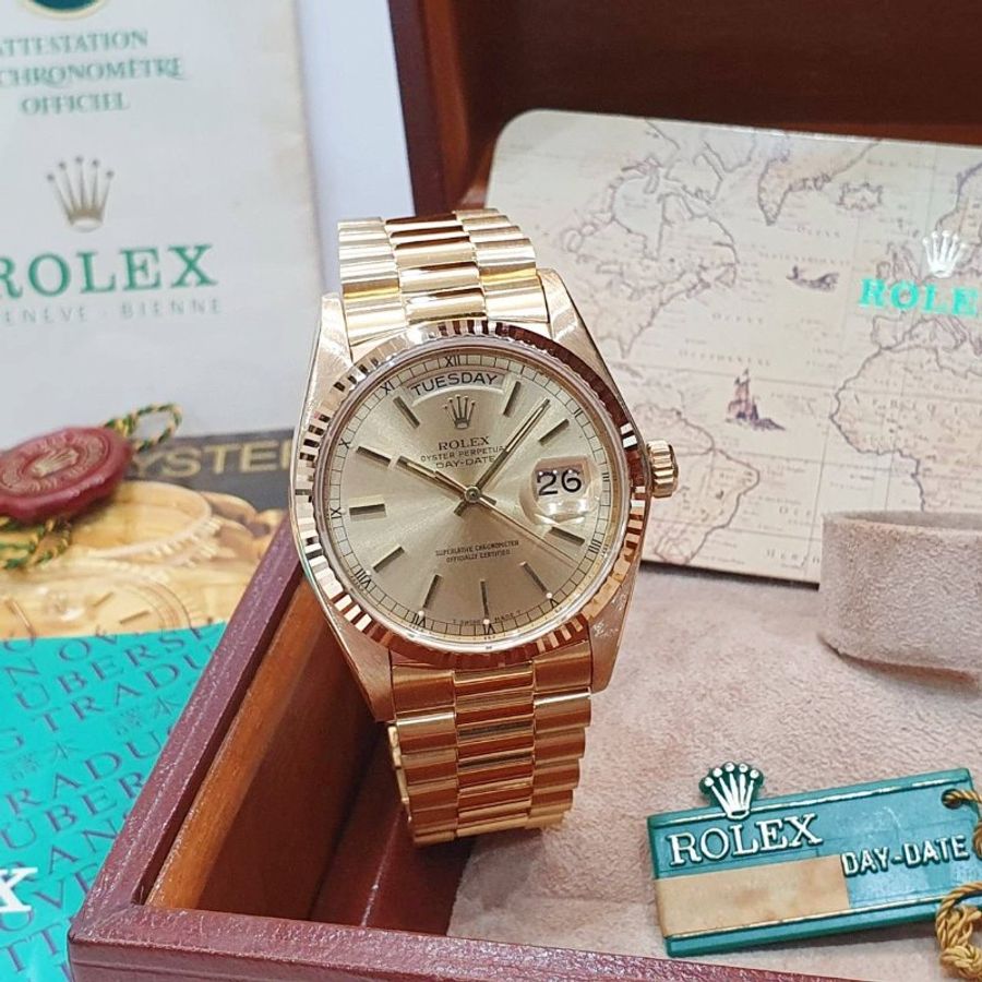 【大眾名錶】ROLEX 勞力士 18038 Day-Date 18K金紅蟳款 太陽圈 金色T柱面盤 大眾名錶B1360-1