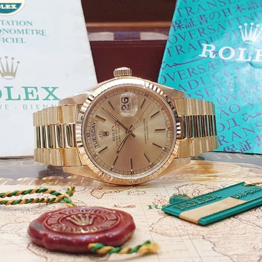 【大眾名錶】ROLEX 勞力士 18038 Day-Date 18K金紅蟳款 太陽圈 金色T柱面盤 大眾名錶B1360-2