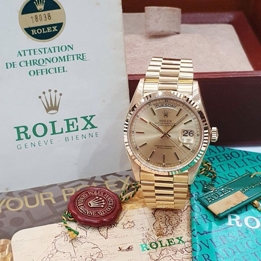 【大眾名錶】ROLEX 勞力士 18038 Day-Date 18K金紅蟳款 太陽圈 金色T柱面盤 大眾名錶B1360-3