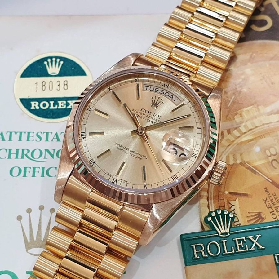 【大眾名錶】ROLEX 勞力士 18038 Day-Date 18K金紅蟳款 太陽圈 金色T柱面盤 大眾名錶B1360-5