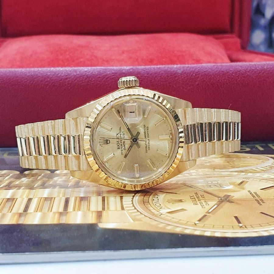 【大眾名錶】ROLEX 勞力士 6917 Datejust 18K金女錶 金色T柱面盤 經典太陽圈 大眾名錶B1361-1