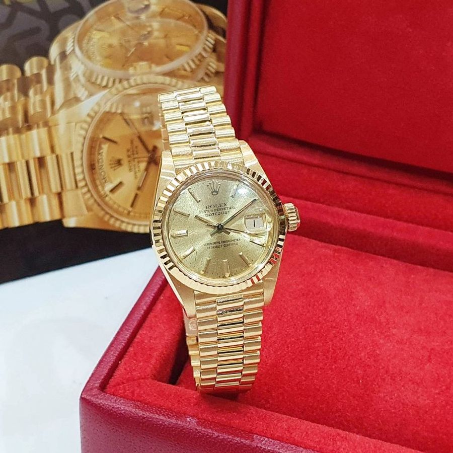 【大眾名錶】ROLEX 勞力士 6917 Datejust 18K金女錶 金色T柱面盤 經典太陽圈 大眾名錶B1361-4