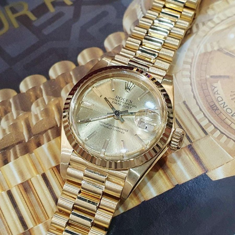 【大眾名錶】ROLEX 勞力士 6917 Datejust 18K金女錶 金色T柱面盤 經典太陽圈 大眾名錶B1361-5