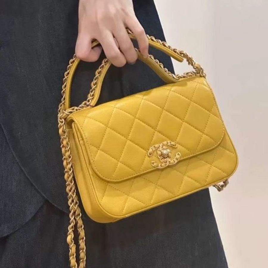CHANEL 19bag系列 皮穿鏈手柄 郵差包 顆粒紋山羊皮 琥珀黃招財黃20*14*6cm 98新配件塵袋-1