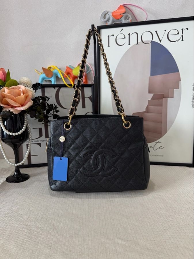 CHANEL/香奈兒 黑金荔枝紋牛皮PPT手拎單肩包 95新-0