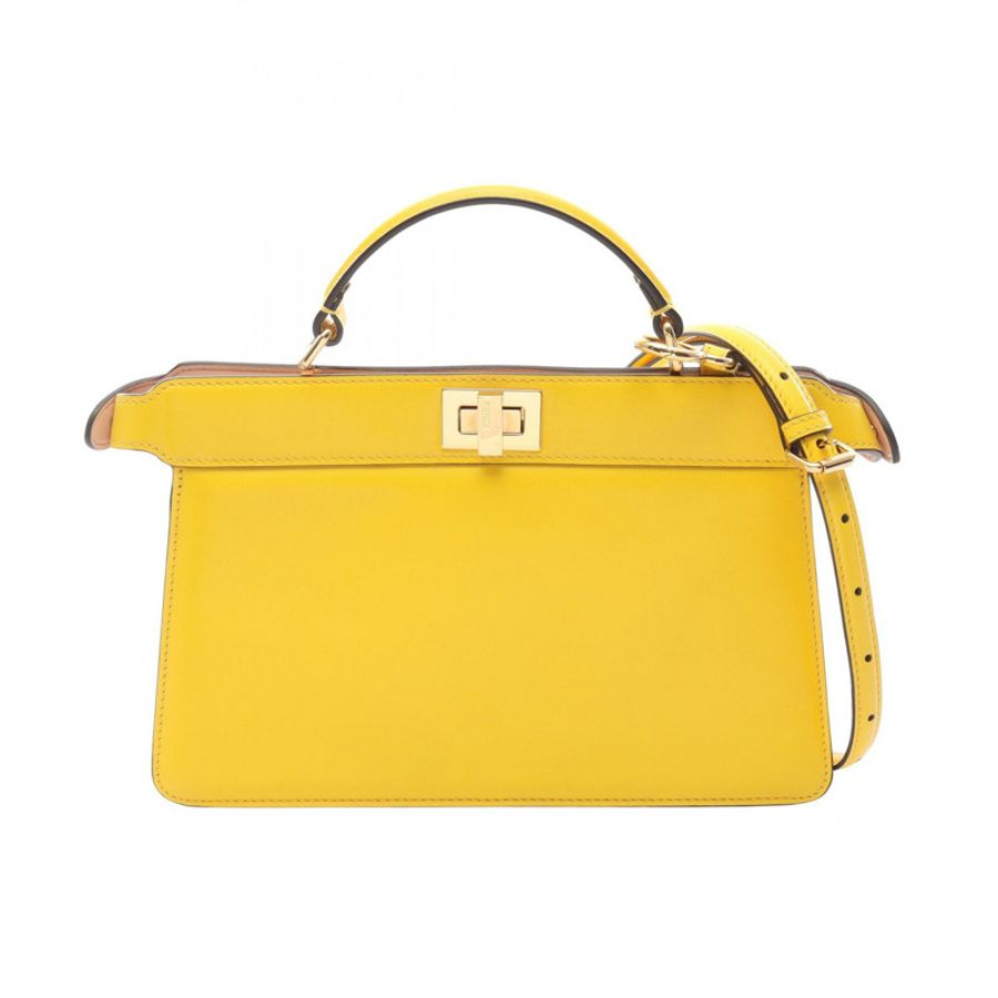 FENDI Peekaboo IU 東西向兩用單肩手提包 8BN323 黃色皮革 二手-0