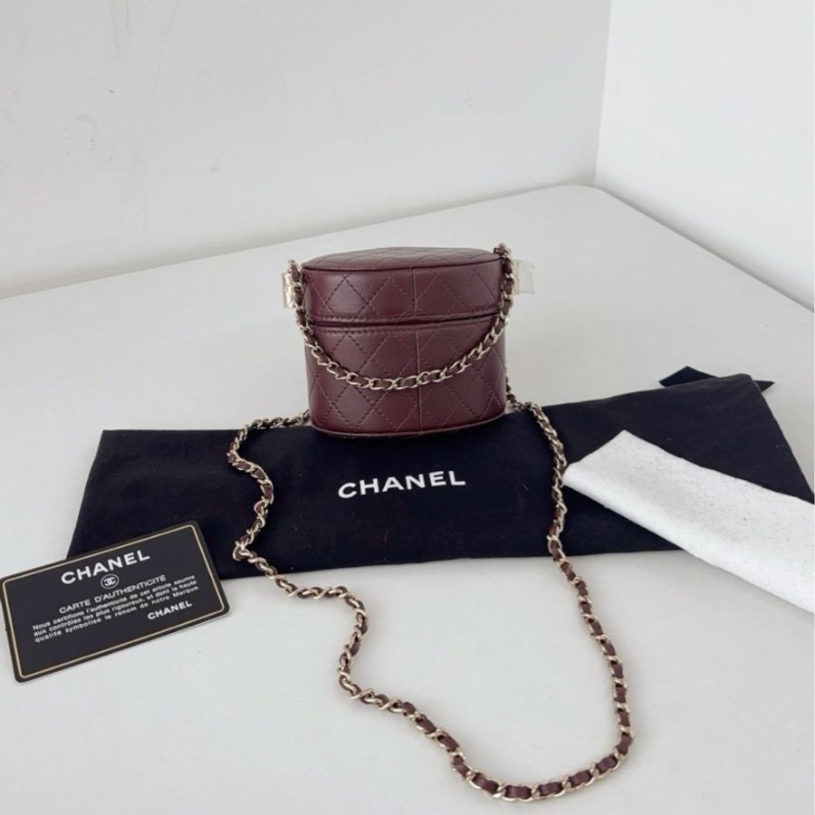 💎Chanel香奈兒｜mini小圓筒化妝盒子鏈條包安哥拉紅金扣｜閒置新未使用-2