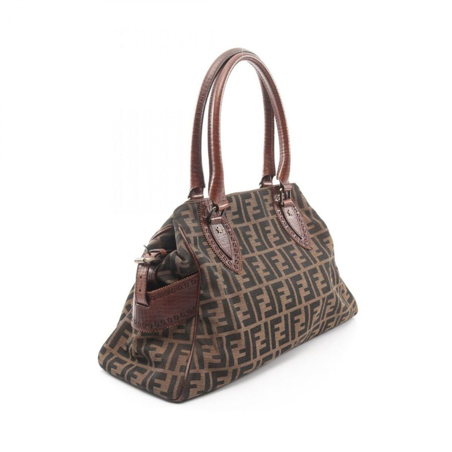 FENDI Ethnico Zucca 手袋帆布皮革棕色黑色二手女式-1