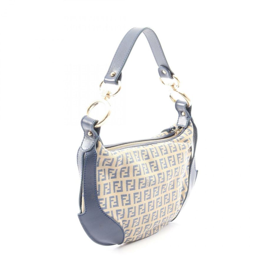 FENDI Zucchino 手提包 8BR466 帆布皮革 米色 海軍藍 二手 女士-1