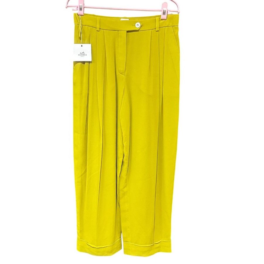 【美收精品】HERMÈS 復古芥末黃黃高腰雙褶真絲寬褲 5-491-0