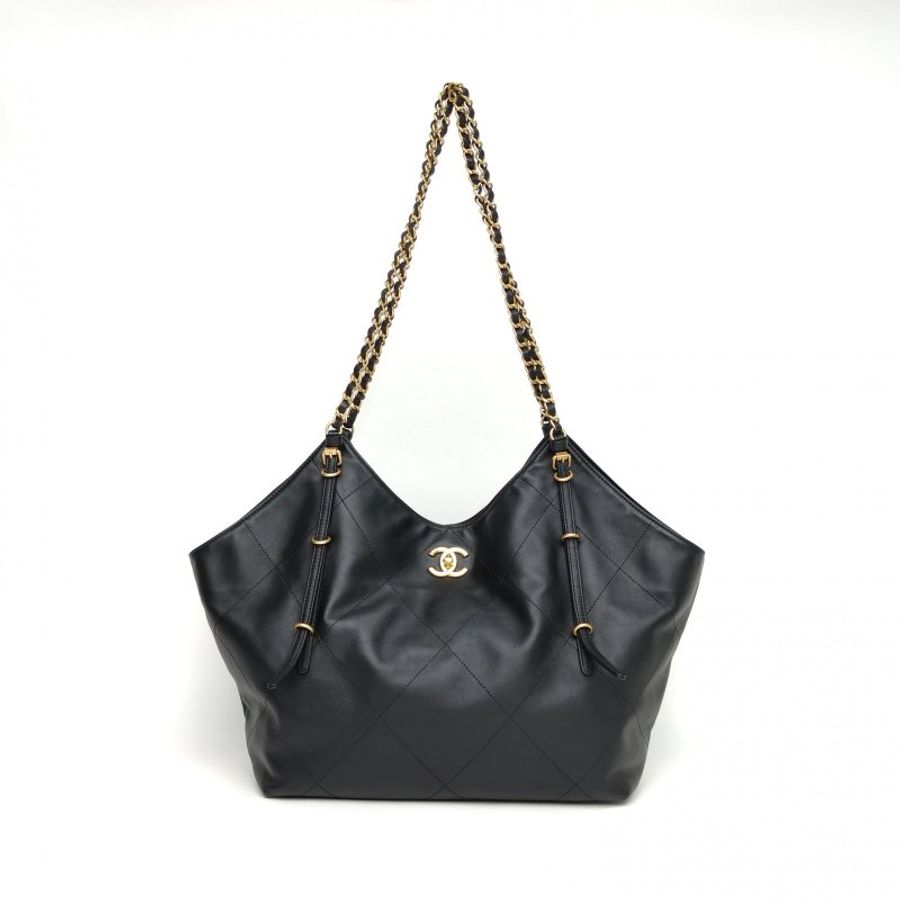 CHANEL 25Shobo黑金tote大號購物袋黑色牛皮晶片金扣肩背包-0