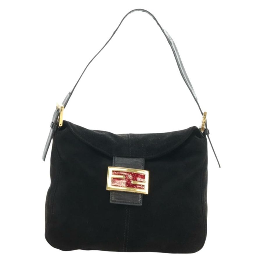 【日本直送】FENDI Mamma Baguette 單肩包，黑色麂皮，金色，正品 183213SAM-12