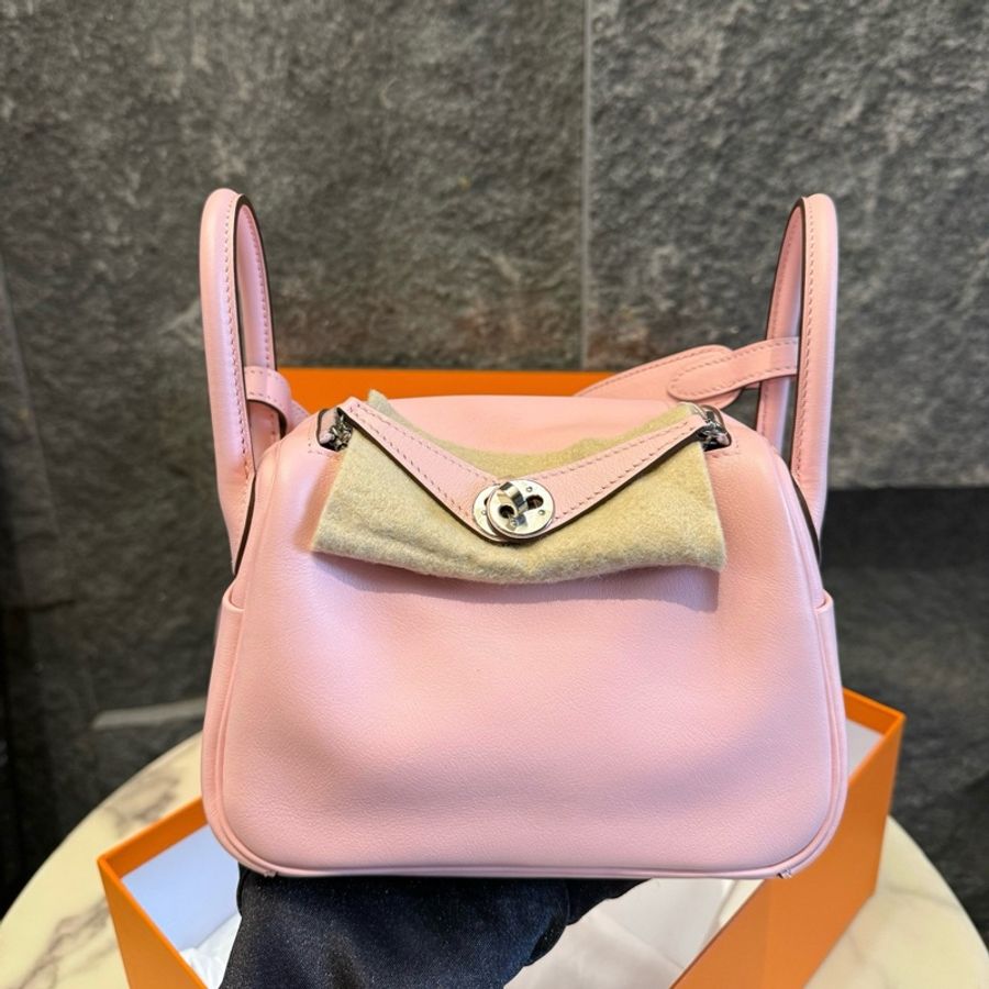 99新✨Hermes愛馬仕mini lindy 手提包單肩包3Q櫻花粉 銀扣B刻s皮-0