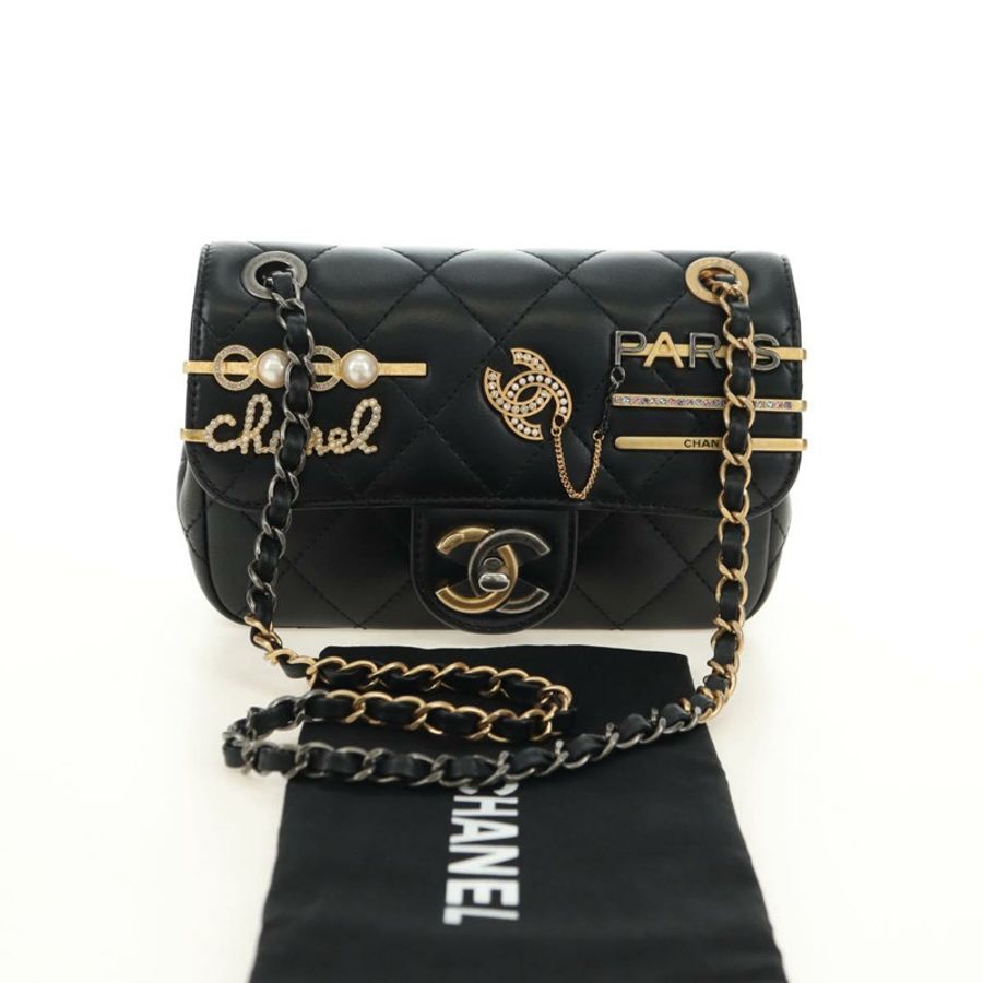 【日本直送】香奈兒 (CHANEL) 迷你絎縫 17 鏈條包，羊皮材質，黑色，金色雙C標誌，正品編號 183626SM-11