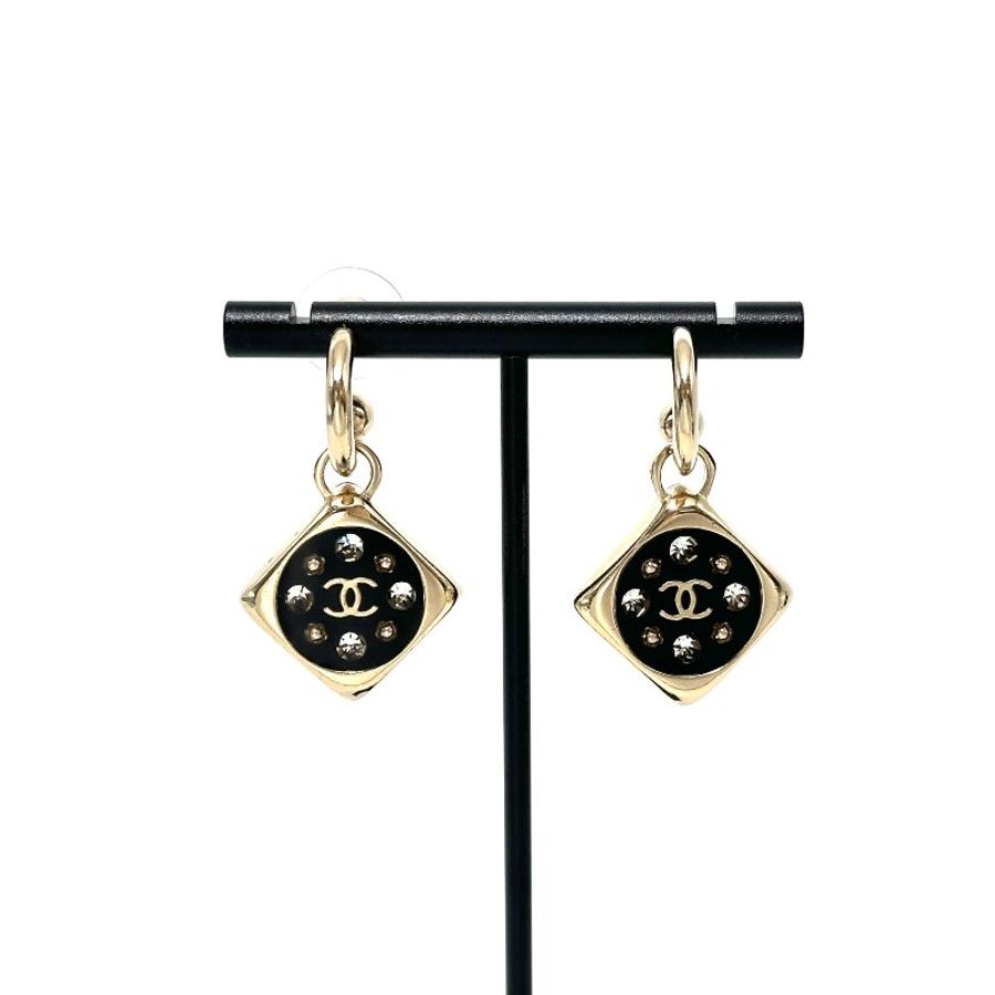 CHANEL/香奈兒22P黑色方形水鑽吊墜耳釘-0