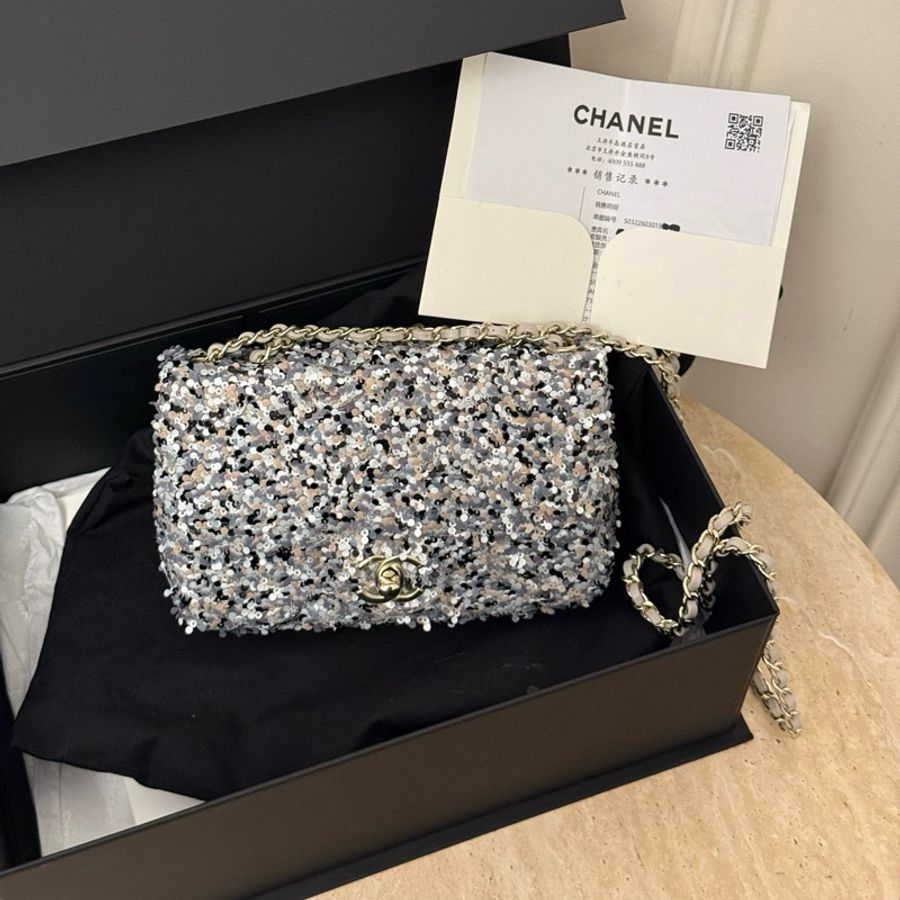 全新✨Chanel香奈兒26P 銀灰色亮片cf鏈條包大mini cf單肩包斜挎包 附件：小票 塵袋-0