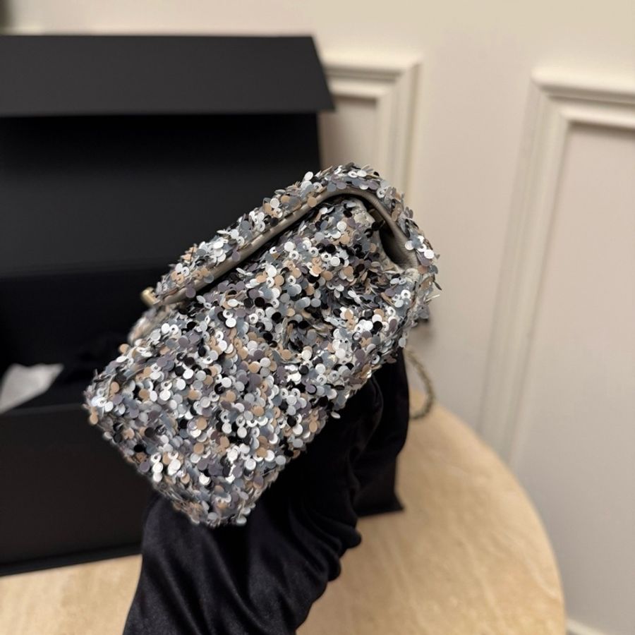 全新✨Chanel香奈兒26P 銀灰色亮片cf鏈條包大mini cf單肩包斜挎包 附件：小票 塵袋-3