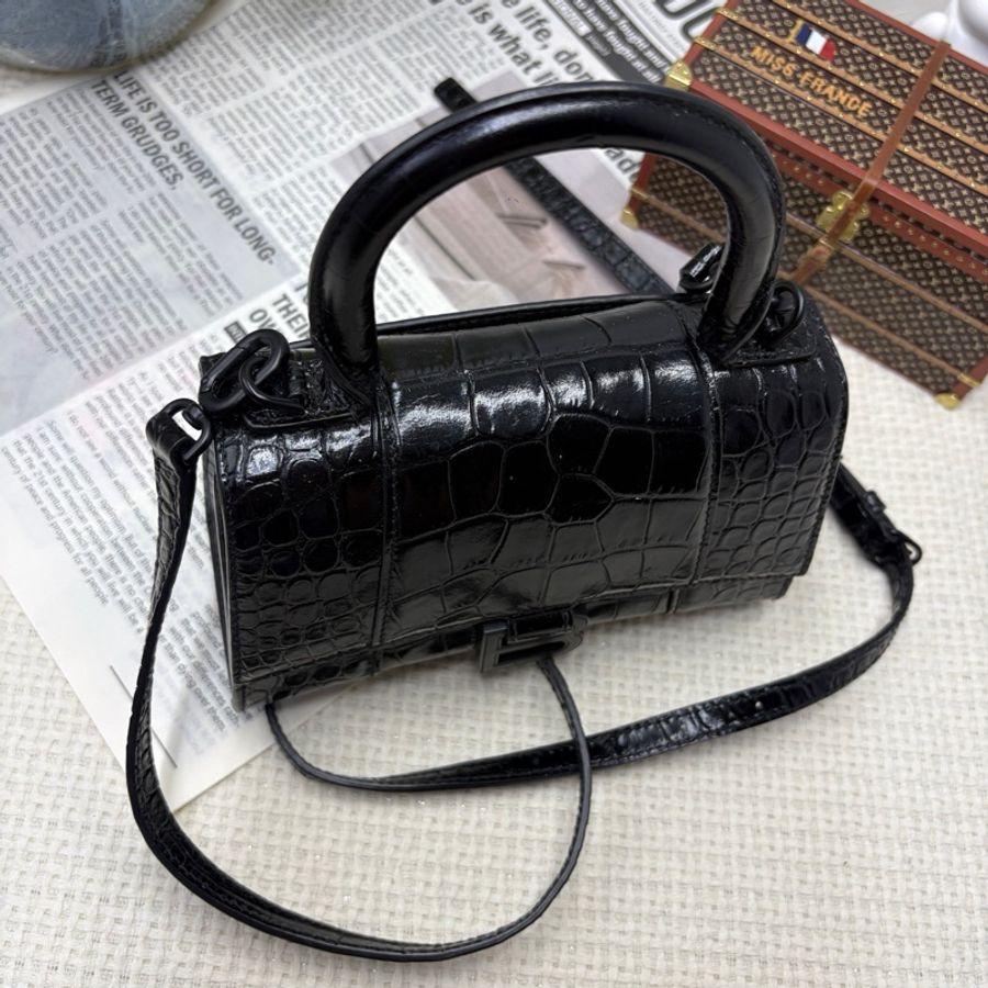 Balenciaga巴黎世家 Hourglass XS 黑色閃亮鰐魚紋壓紋牛皮革手提包，黑色啞光金屬配件-1