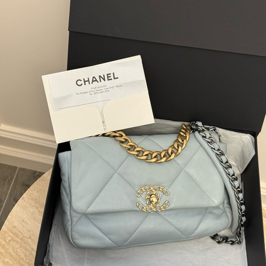 ✨CHANEL香奈兒19Bag 金扣鏈條翻蓋羊皮 口蓋包手提包單肩包斜挎包 小號 22年 芯片 帶票-0