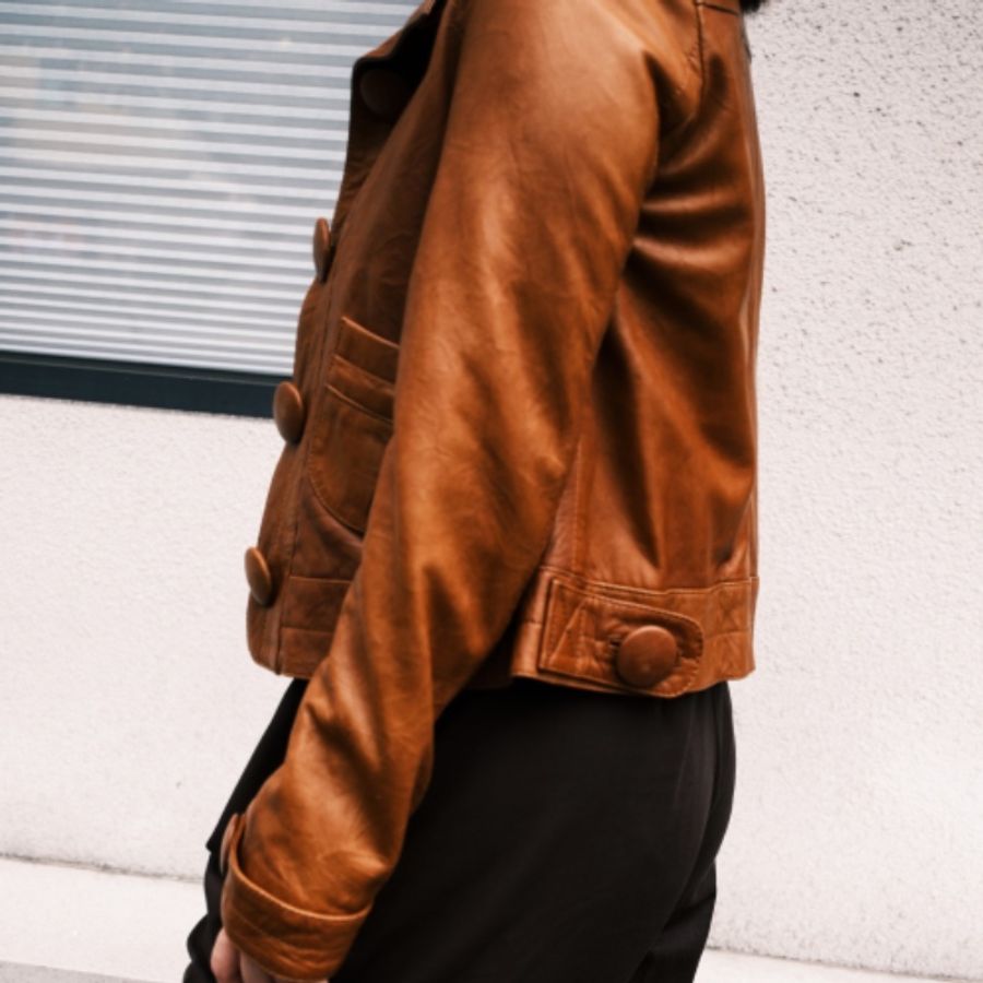 Thomas Burberry 2000s 絕版復古焦糖色大鈕釦立領小羊皮皮衣外套-7