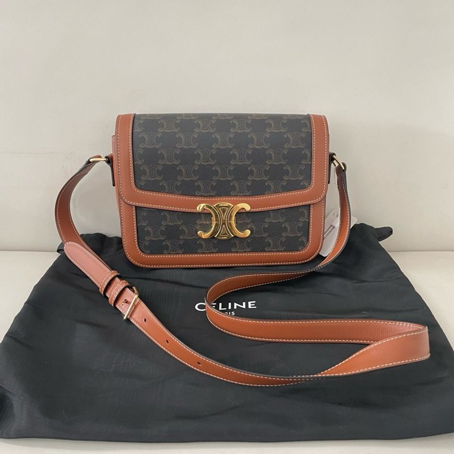 99新✨CELINE/賽琳 Triomphe 金色鎖扣凱旋門老花印花單肩斜挎包 21年編碼 可調節肩帶 附件：塵袋-0