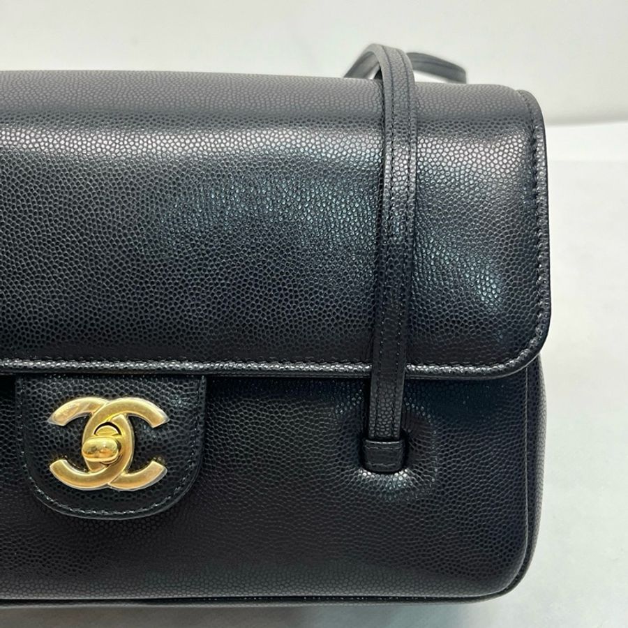 ✨閒置新 香奈兒 Chanel preppy coco Jennie同款 黑色荔枝紋牛皮單肩包 金扣 26年-7