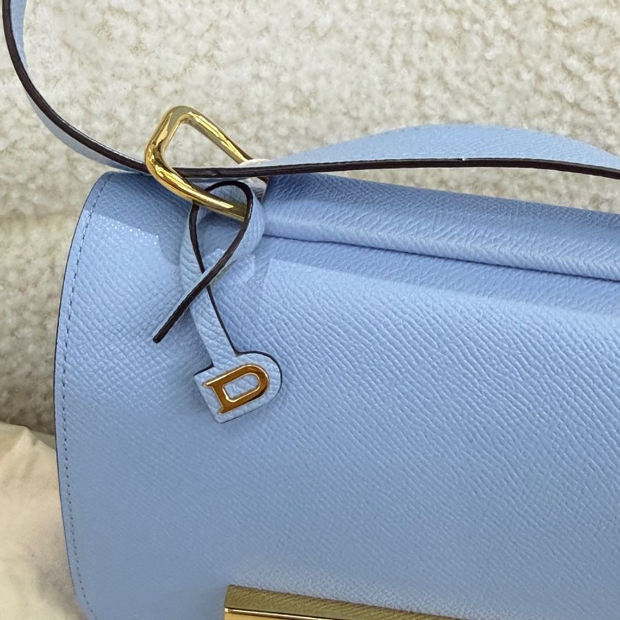 98新 德爾沃/Delvaux OperaCalf粒紋小牛皮 斜背包 藍色 金扣-8