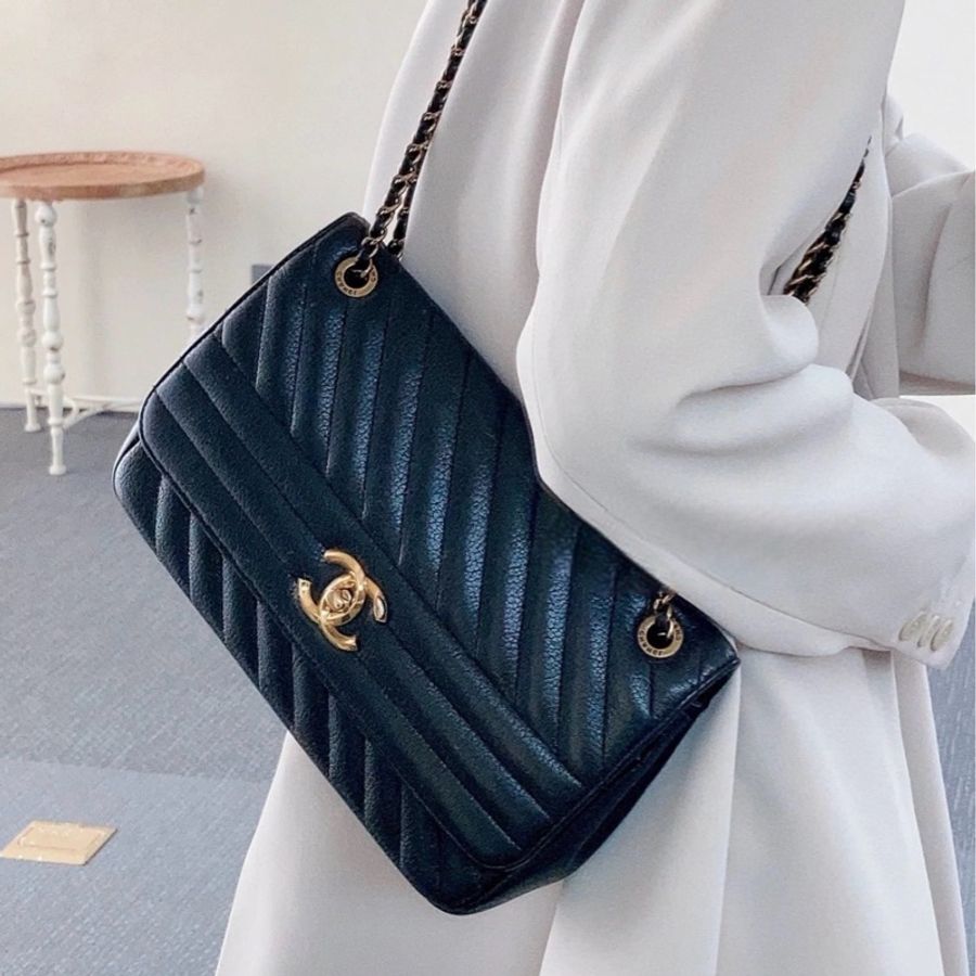 💎Chanel香奈兒｜黑金條紋特別款CF大mini鏈條包｜98新-0