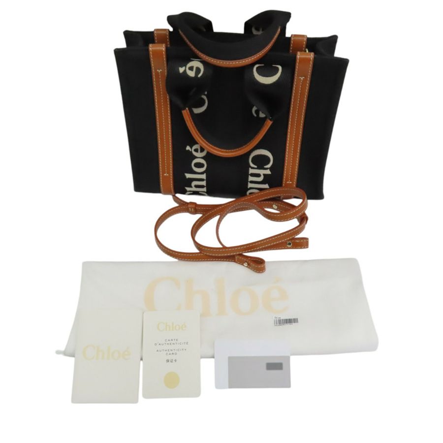 黑色帆布 棕色牛皮飾邊 Woody 肩背包【Chloe 克羅伊】  C23AS397-9