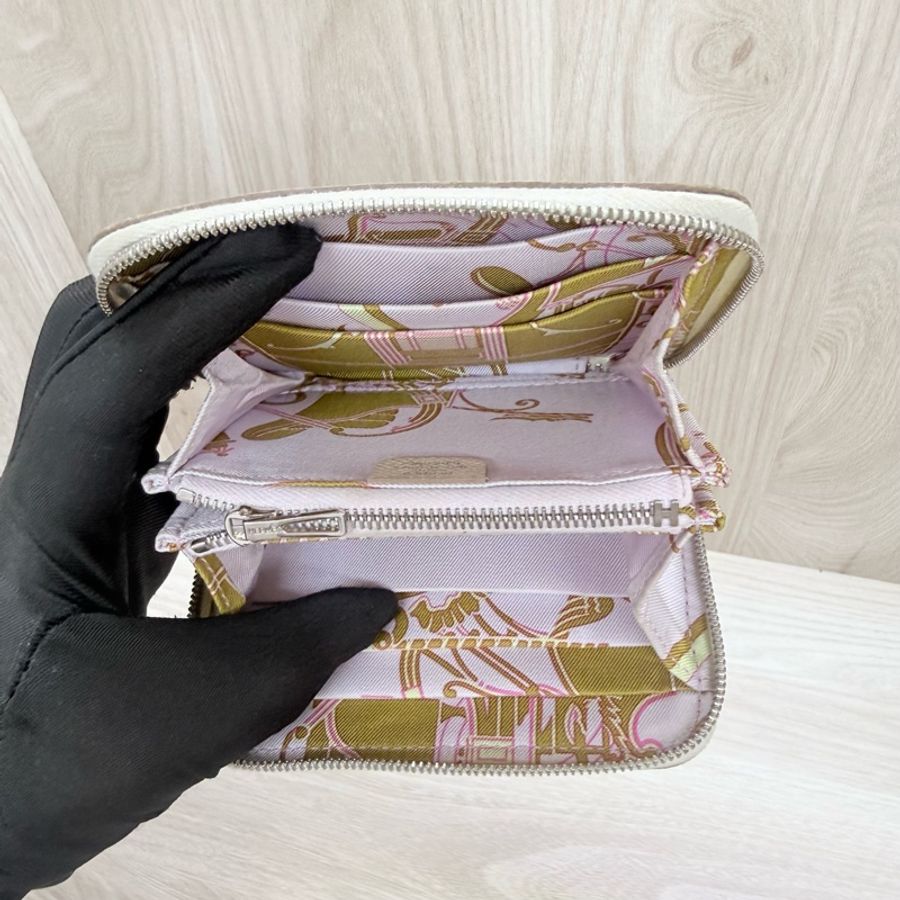 Hermes 奶油白拚內裏粉紫色Epsom皮絲巾短夾-13