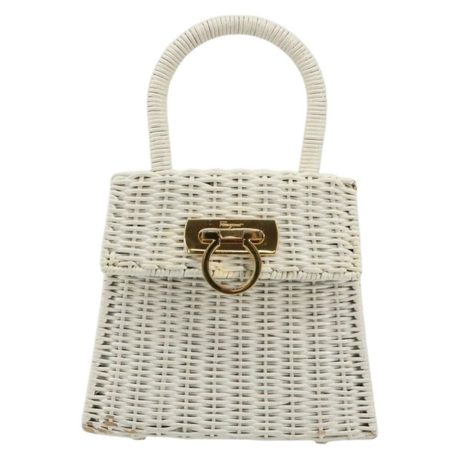 【日本直送】Salvatore Ferragamo Gancini 手提包 藤編 白色 金色 正品 183781A-12