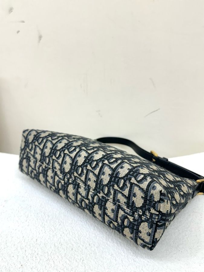 全新DIOR迪奧 30 Montaigne 可調節肩帶拉鍊開合 水餃包手提包 織物拼牛皮革 單肩包 迷你 mini藍色-3