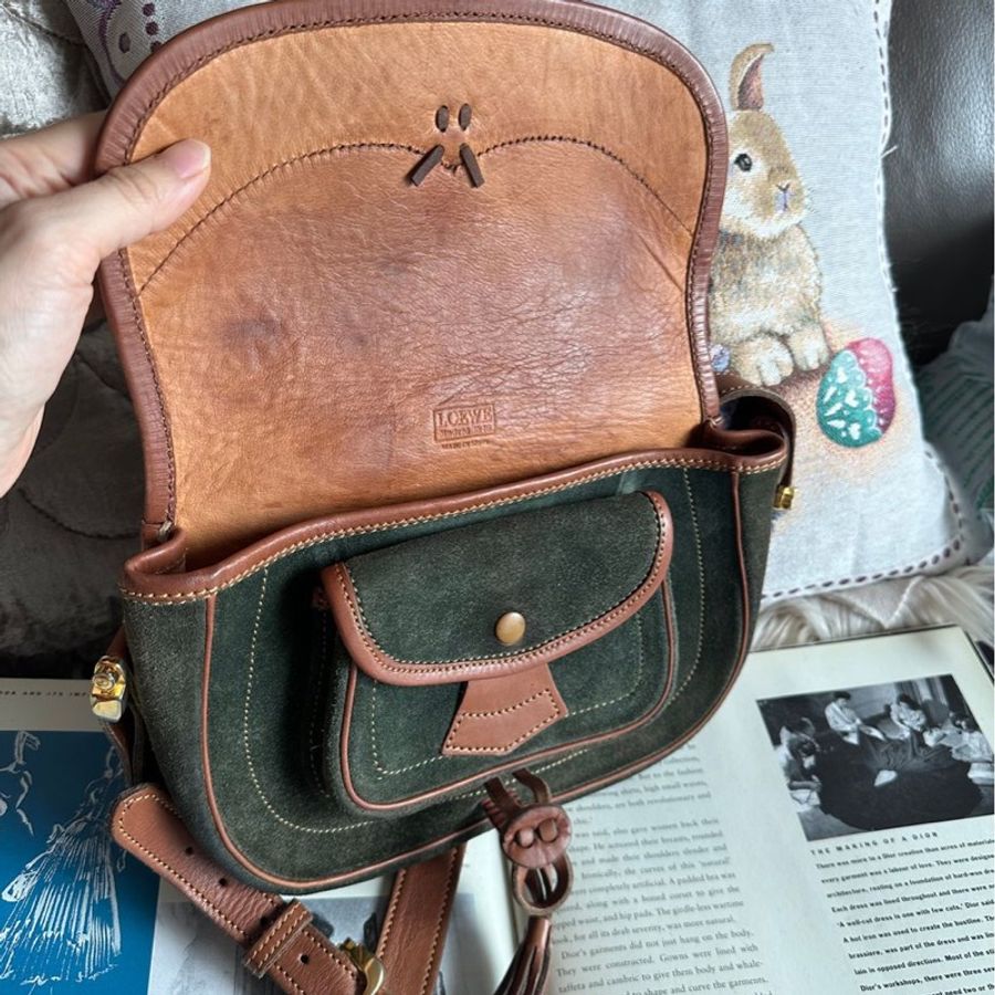 羅意威 Loewe Anagram Shoulder Bag Suede Green 狩獵系列 crossbody bag 墨綠色拼啡色 中古包 手袋 斜背包-15