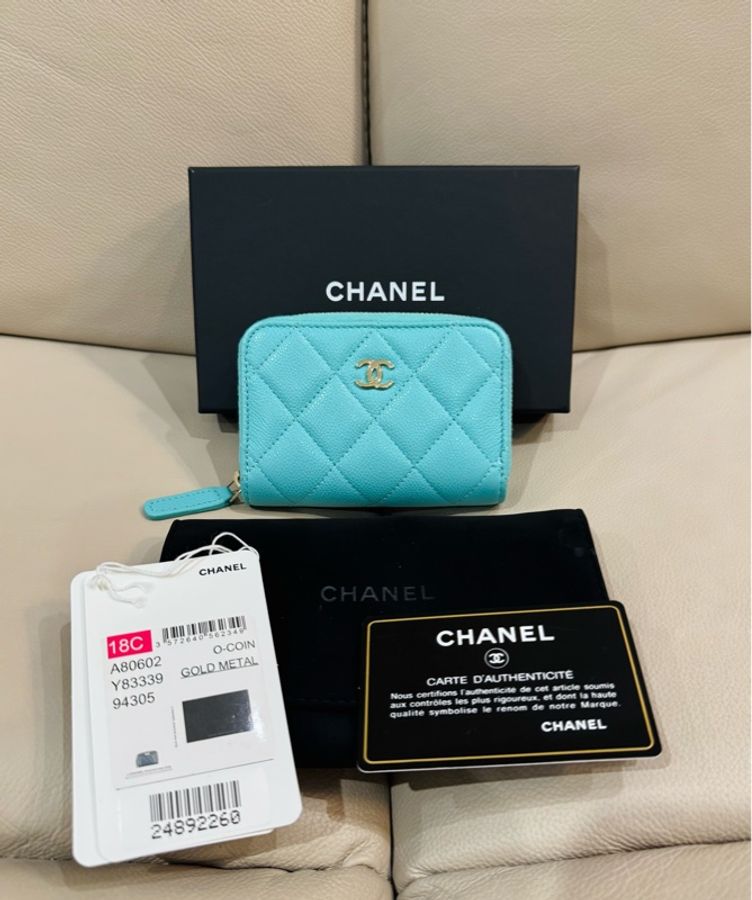 Chanel  香奈兒 湖水綠 拉鍊零錢包/錢包/荔枝牛皮/99新美品-0