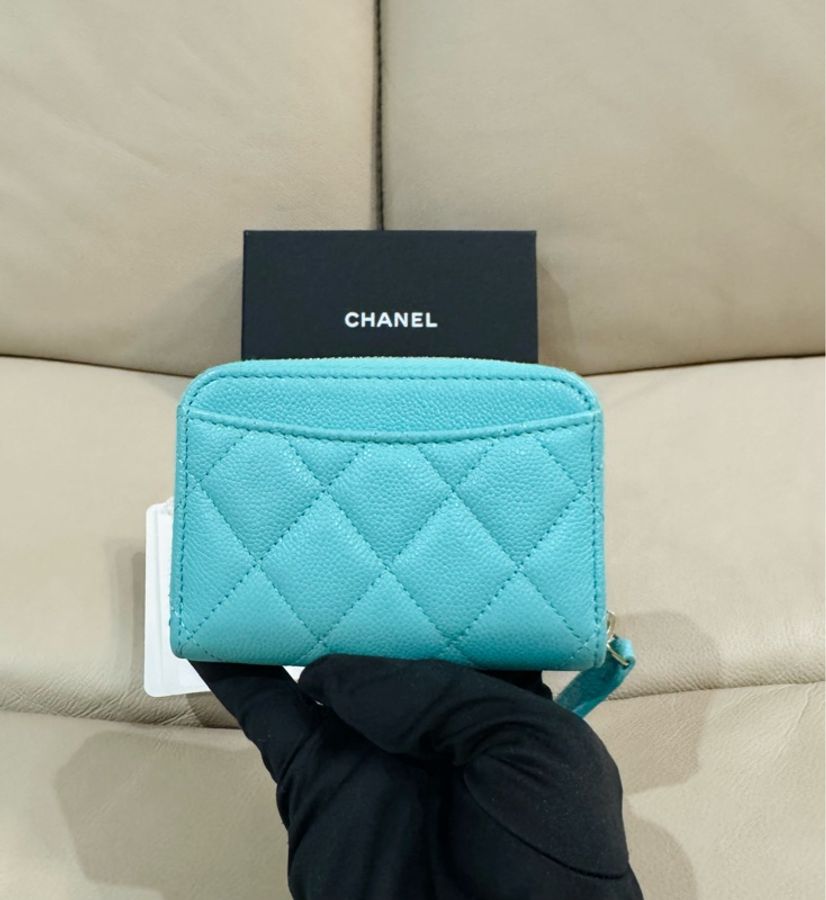Chanel  香奈兒 湖水綠 拉鍊零錢包/錢包/荔枝牛皮/99新美品-1