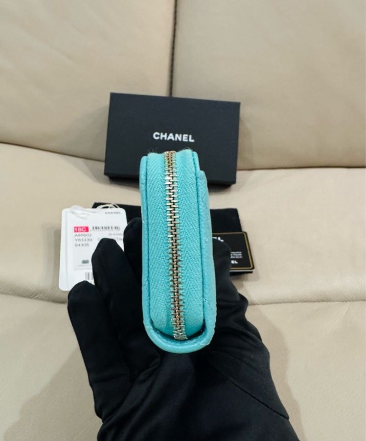 Chanel  香奈兒 湖水綠 拉鍊零錢包/錢包/荔枝牛皮/99新美品-2