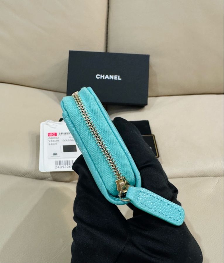 Chanel  香奈兒 湖水綠 拉鍊零錢包/錢包/荔枝牛皮/99新美品-3