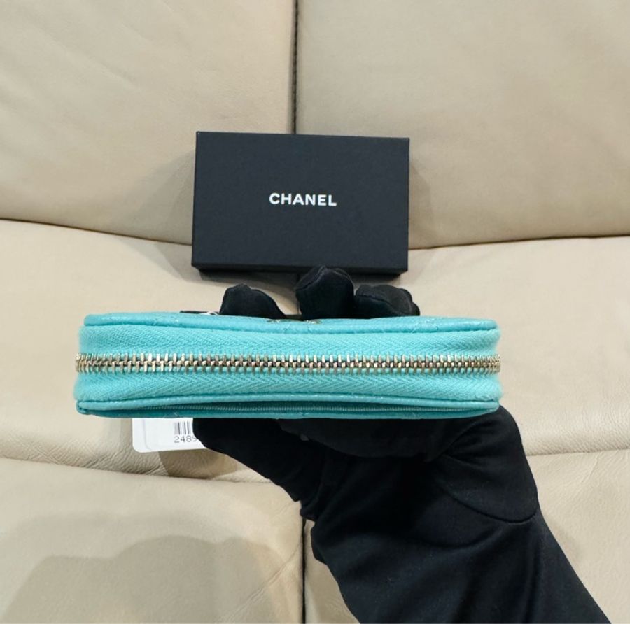 Chanel  香奈兒 湖水綠 拉鍊零錢包/錢包/荔枝牛皮/99新美品-4